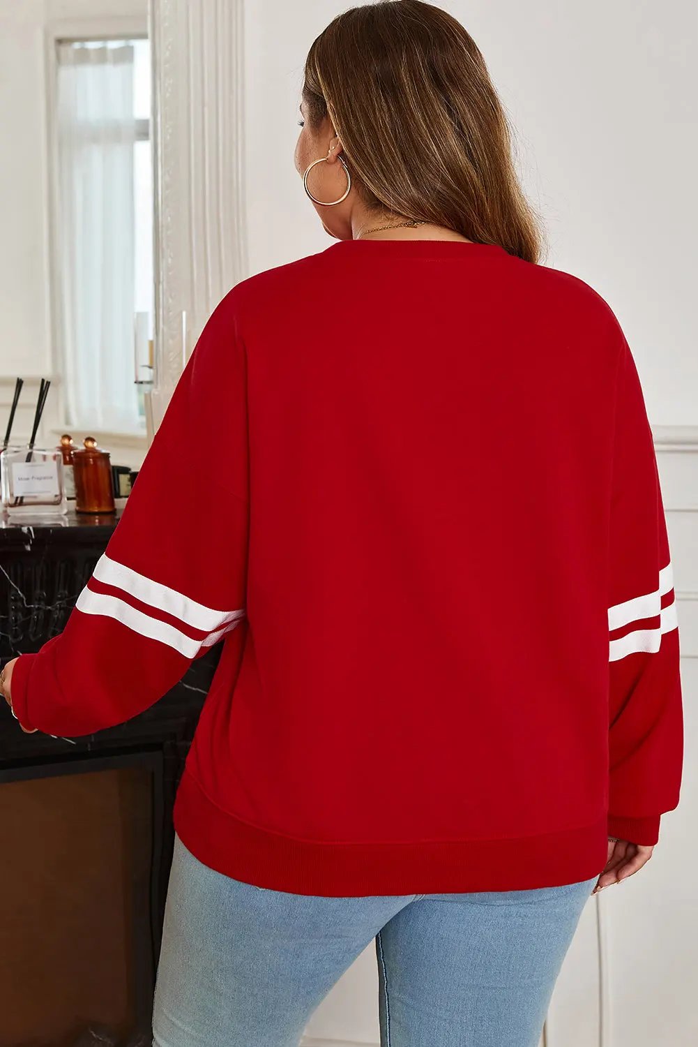 Fiery Red Varsity Striped Detail Crew Neck Plus Sweatshirt Dear-Lover Dropshipping